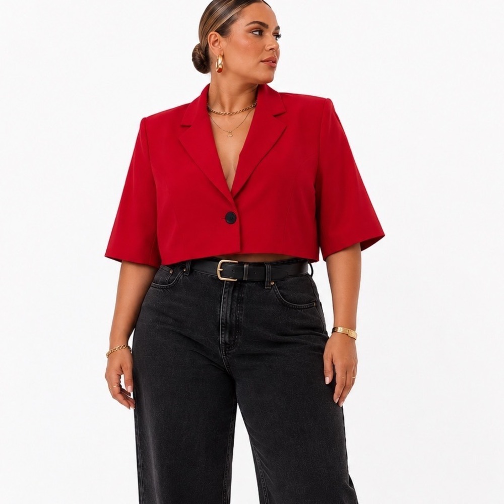Y2K Cropped Short Sleeve Blazer Plus Size 18W Single Button Jacket office Siren